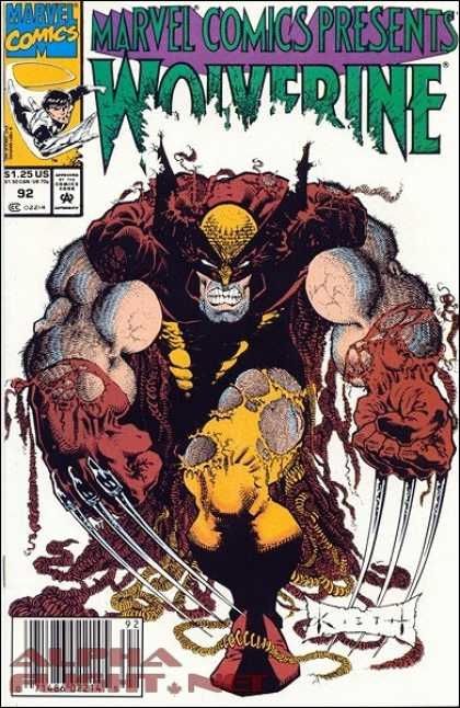 Wolverine by Sam Kieth in classic superhero pose. His orange and brown uniform is ripped and tattered his claws are out. He is extremely muscled. All on a white background with a green logo.  