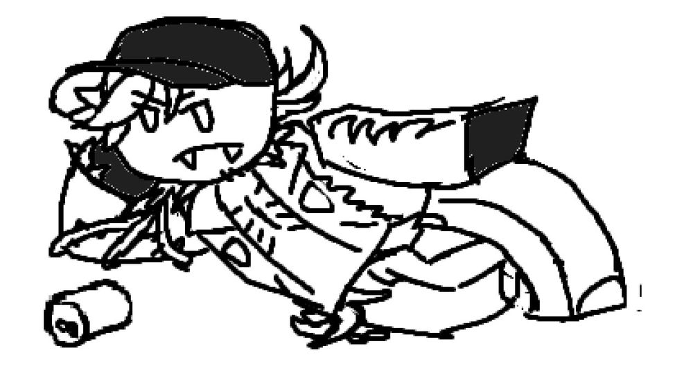 An MS paint drawing of Griefer from Block Tales. He is lying down with a tipped over soda can next to him 