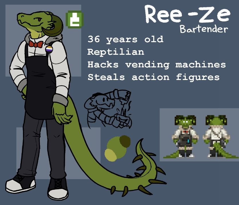 A reference drawing of a green Lizardperson with a spiky tail. Two Space Station 14 sprites of the same character are present on the right side of the drawing. The text reads:

"Ree-Ze 
Bartender 

36 years old
Reptilian 
Hacks vending machines 
Steals action figures"