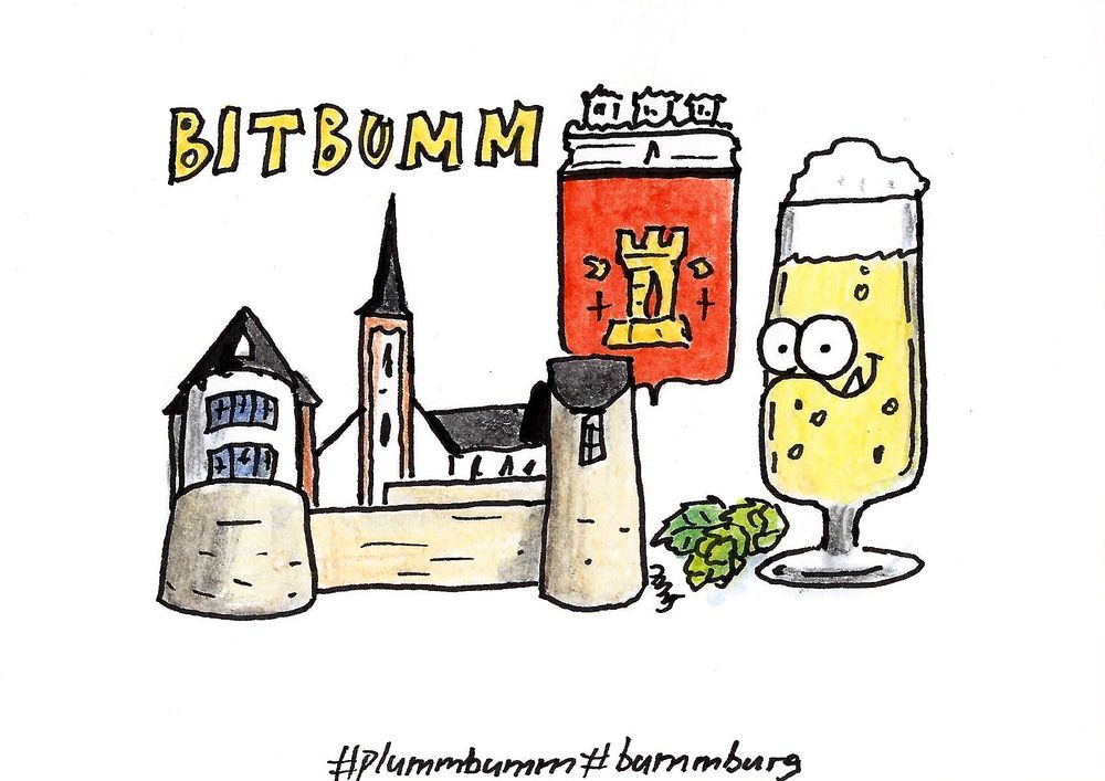 Illustration zu Bitburg. Schriftzug "Bitbumm", Stadtwappen, Glas Bitburger Pils mit Bumm-Gesicht, Römermauer und Liebfrauenkirche.
