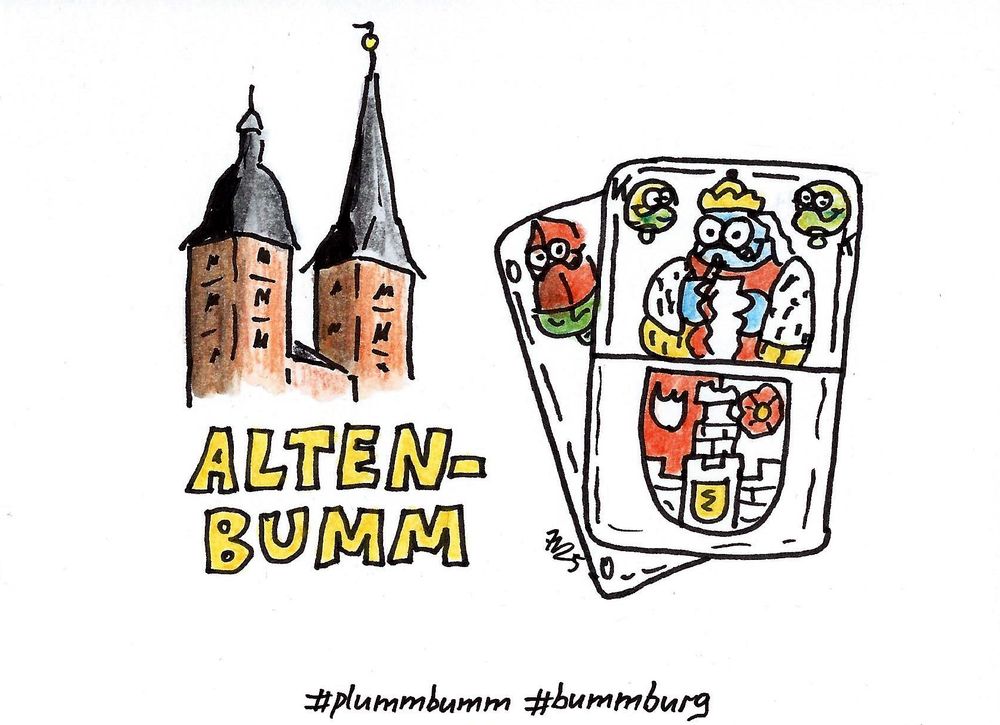 Illustration zu Altenburg. Schriftzug "Altenbumm", Rote Spitzen, Skatkarten mit Bumm als König und dem Stadtwappen drunter.