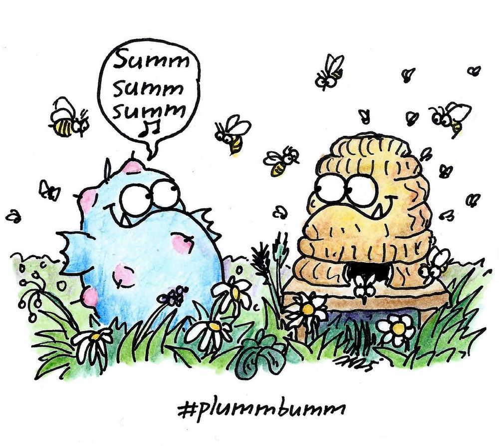 Ein Bienenkorb auf einer Wiese mit vielen Bienen. Daneben Bumm und es ist voller Bienenstiche, freut sich aber trotzdem.