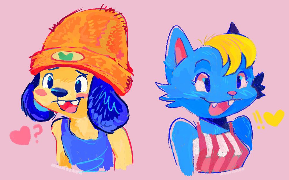 digital art of a bashful looking Parappa the Rappa and a happy looking Katy Kat