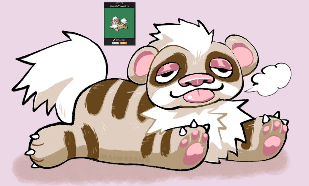 a cross between a Slakoth and Growlithe from pokemon lays lazily with its tongue sticking out