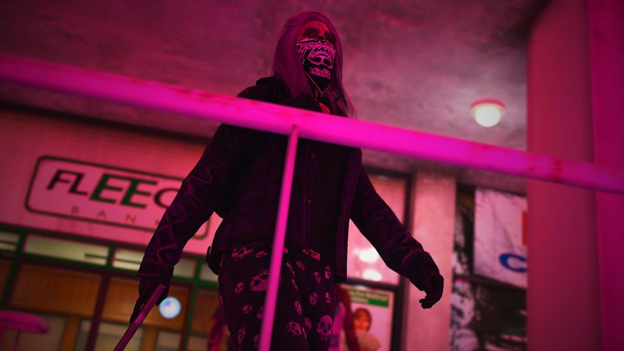 A person standing outside a Fleeca Bank at night under pink lighting. They're wearing a black jacket, skull-print pants, gloves, and a bandana that says “Misfit.” They're holding a gun in one hand, and the shot is taken from a low angle.