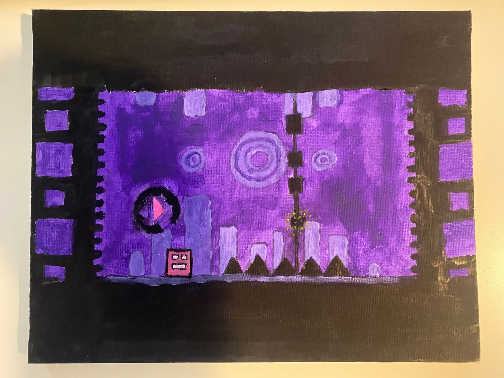 An acrylic painting of the first cube section of “Blockbite”, a Geometry Dash level by Minesap.