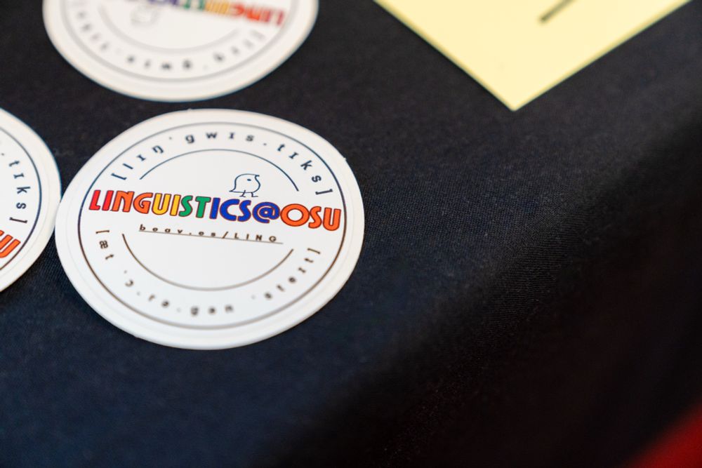 Rainbow Linguistics @ OSU stickers with the words also in IPA and a link to our Linguistics program website at Oregon State University. 