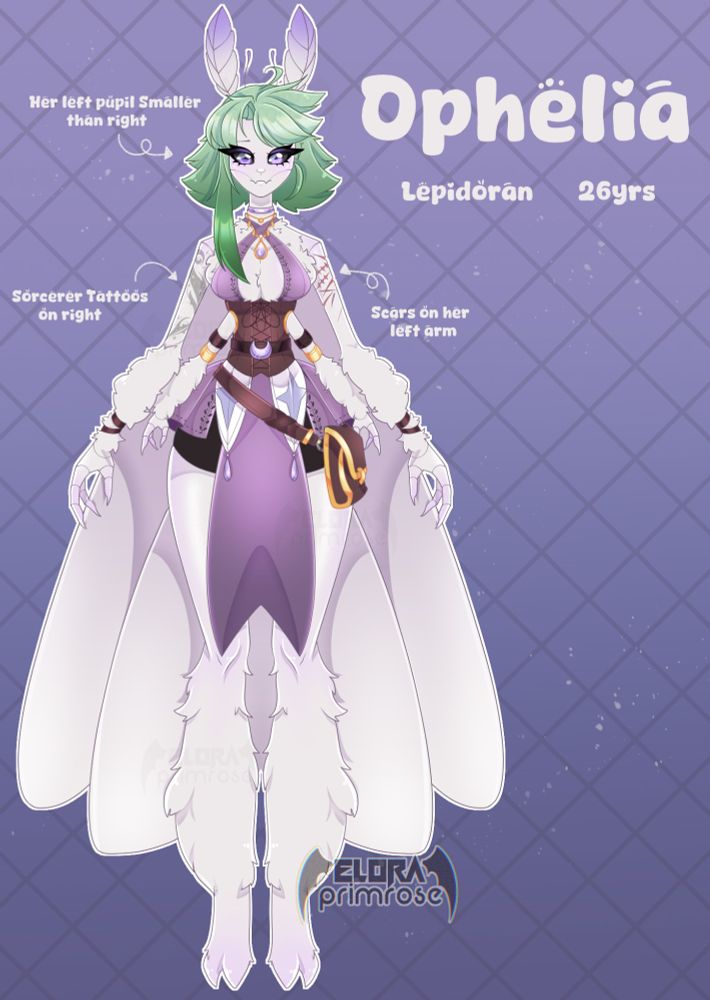 A white bug humanoid character standing in a static pose. she has white skin & fluff around the base of her 4 arms and legs, Sage green hair and purple Iris' with black sclera. She is wearing a plus colored outfit with a mid corset and has a small puch hanging off of her hip (( font says: Ophelia, Lepidoran, 26yrs, Her left pupil is smaller than her right, Scars on her left arm, sorcerer tattoos on her right on ))