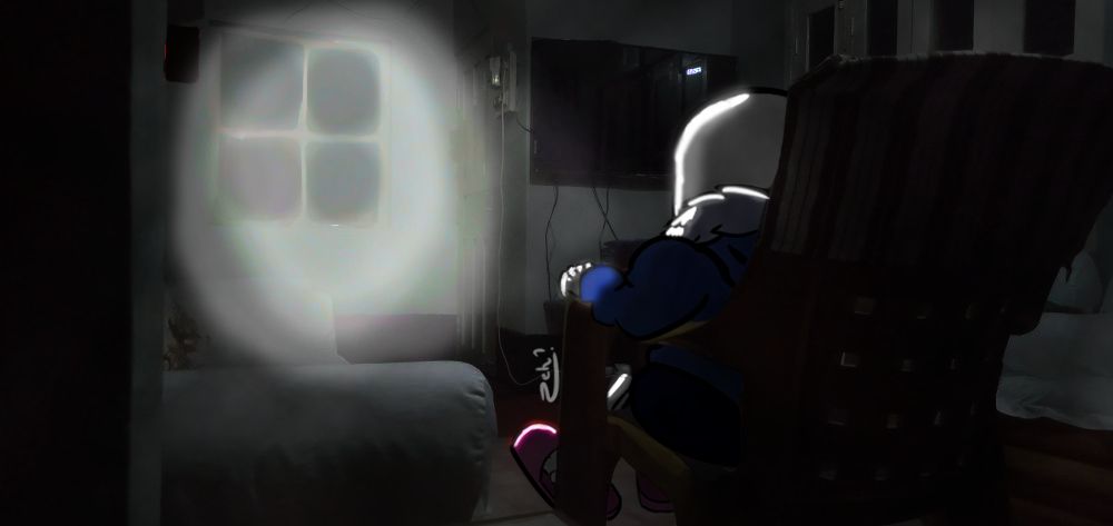 A back view of Sans sitting in a big ol' grandpa chair, pointing a flashlight to his door and window.