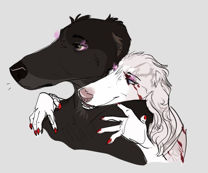A rough and messily colored bust of two anthro dogs. A darker sighthound man stares blankly to the left as a paler saluki women embraces him from behind. Her hands splay over his shoulders with bright red nails against white fur. She's murmuring something to him with a smile and there is pale a pale purple glow around their eyes. 