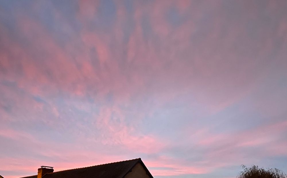 Rising sun 
Flufly clouds , pink ones
