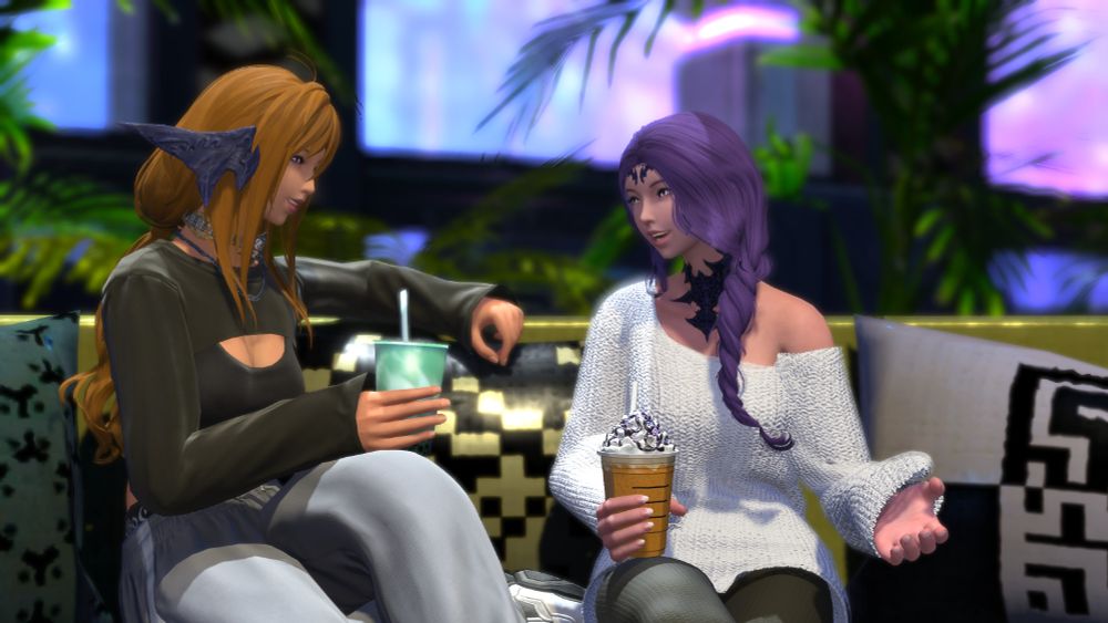 From left to right:
Lavena, a brown haired scaleless xaela au ra in the leisurewear sweatpants and crop top sitting casually with a matcha bubble tea laughing in conversation with her sister, Chabi a purple haired hornless xaela au ra in a white slouchy sweater sitting with her legs crossed and holding a frappecino while talking.