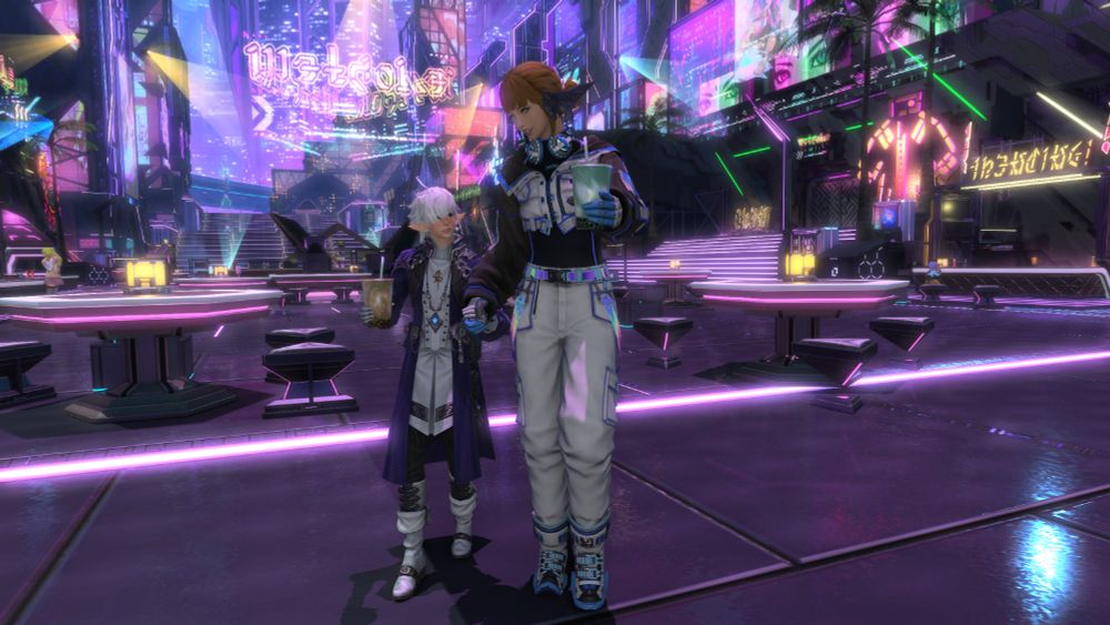 Alphinaud, the teenaged elezen in his iconic blue and white outfit. He is holding a bubble tea in one hand and his other hand is being grabbed by Lavena, the taller brown haired and scaleless au ra wearing the vanguard scouting gear and holding her own matcha bubble tea.
She is excitedly pointing to something as she starts to walk, Alphinaud is taken by surprise and blushing at her.