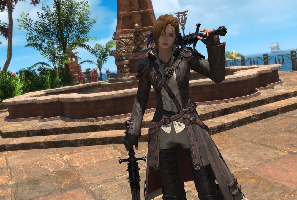 Lavena, a scaleless taller than average au ra with light brown hair and blue eyes in viper artifact gear standing smug with her swords