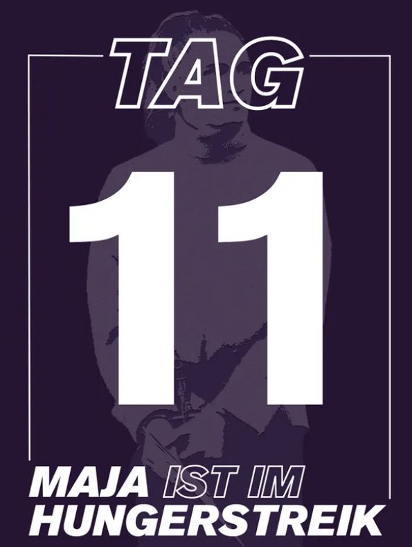 Fyler auf den die Antifa Maja zu sehen ist darüber ist die zu lesen Tag 11 Maja ist im Hungerstreik