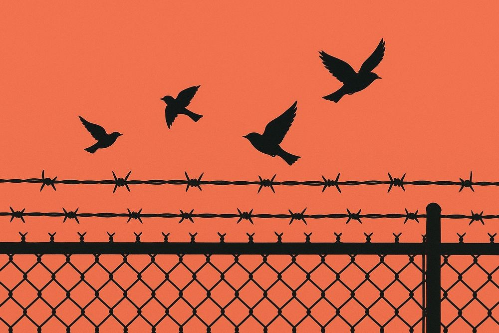 Zeichnung man sieht einen hohen Zaun mit Stacheldraht darüber fliegen vögel 