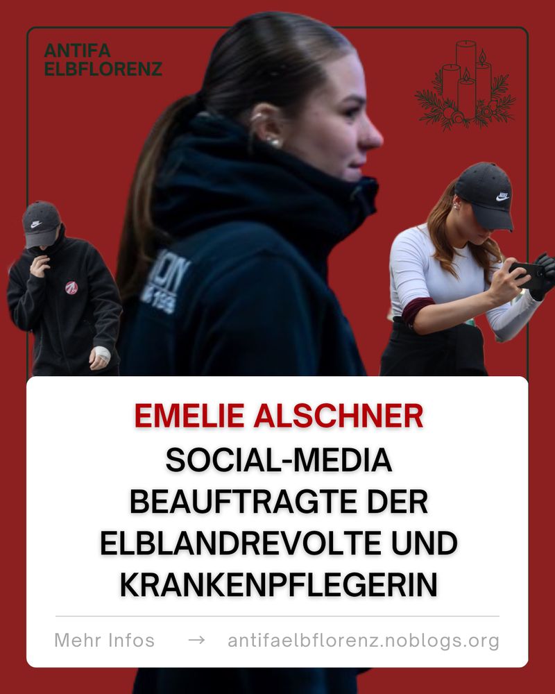 Flyer mit verschiedenen Fotos von Emele Alschner zu lesen ist Social Media Beauftrage der Elblandrevolte und Krankenpflegerin 