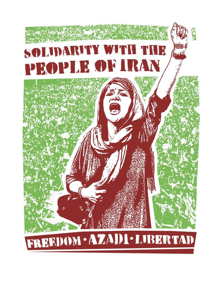 eine comiczeichnung zu sehen ist eine frau mit einem kopftuch die schreit und die rechte faust nach oben streckt. zu lesen ist solidarity with the people auf iran freedom azadi libertad