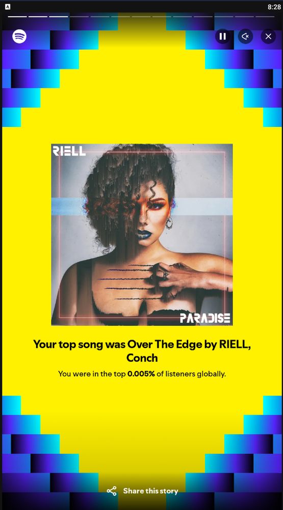 spotify wrapped screenshot. "your top song was 'over the edge' by RIELL, Conch. you were in the top 0.005% listeners globally" (with an image of the album cover)