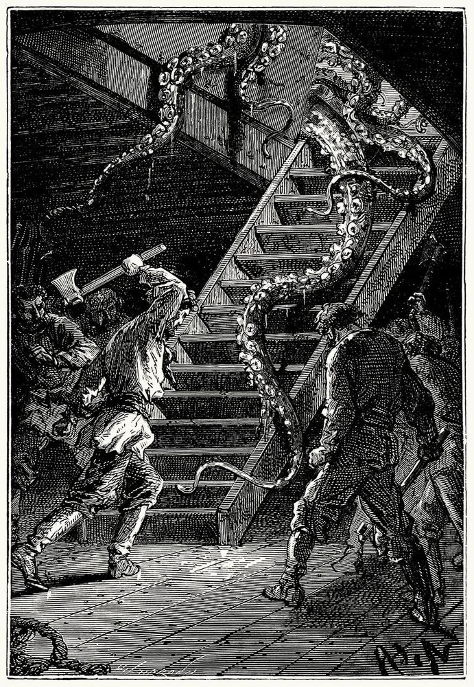 A Gustave Dore etching from the Rime of the Ancient Mariner depicting a sailor belowdecks on a sailing ship chopping at invading tentacles with an axe.
