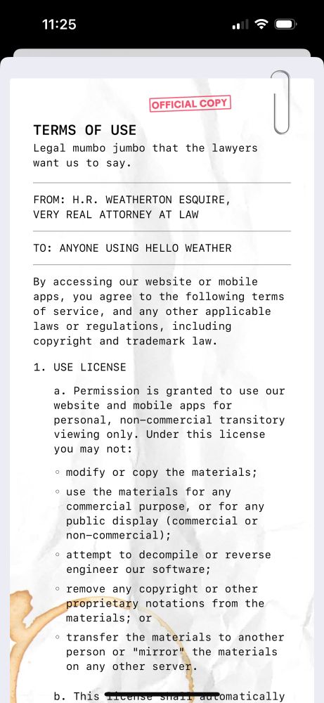 the Terms of Service screen in the new Hello Weather for iOS 