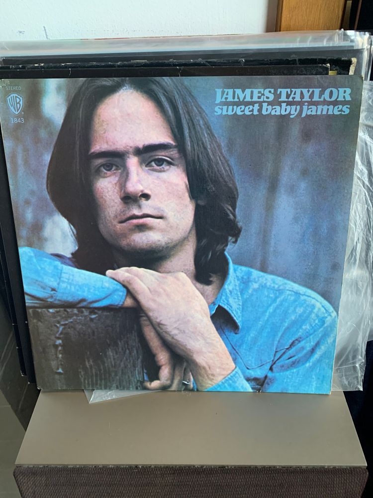 Album cover, Taylor in a blue shirt with ekbow on a wooden fence post looking directly into camera