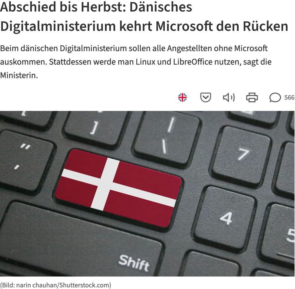 Screenshot eine Artikels von Heise online mit der Überschrift "Abschied bis Herbst: Dänisches Digitalministerium kehrt Microsoft den Rücken" und einem Bild einer Tastatur mit einer Taste in den Farben der dänischen Flagge.