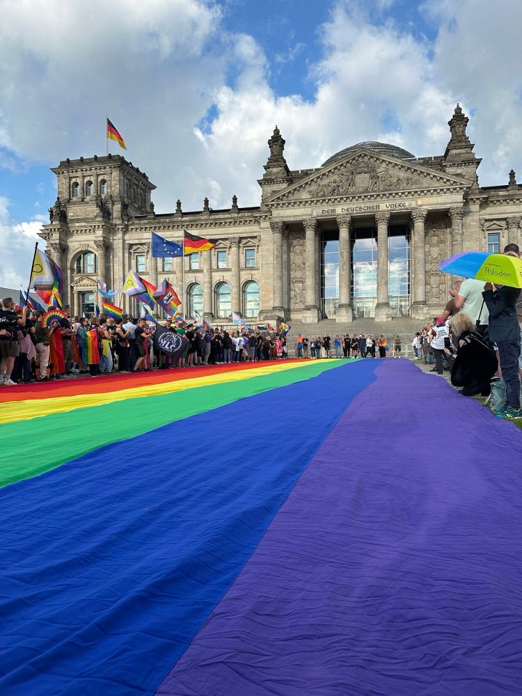 Foto der Protestaktion vor dem Reichstag in Berlin mit einer riesigen Regenbogen-Fahne auf der Wiese vor dem Gebäude.