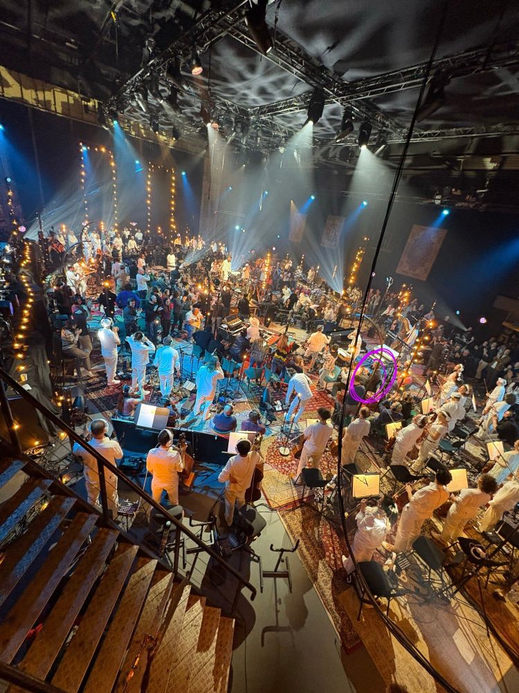 overview shot. pink circle is me sitting in between the strings orchestra and the keyboardists