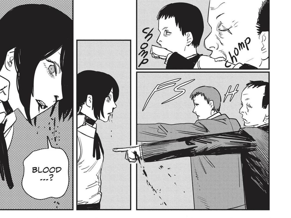 comic panels. two men bite their wrists, drawing blood, then point at a girl. her nose begins to bleed, and she widens her eyes and says "blood...?"