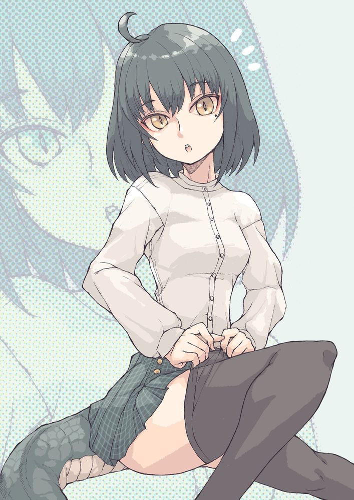 a green haired woman pulling up their tights while sitting and spotting the viewer in surprise.