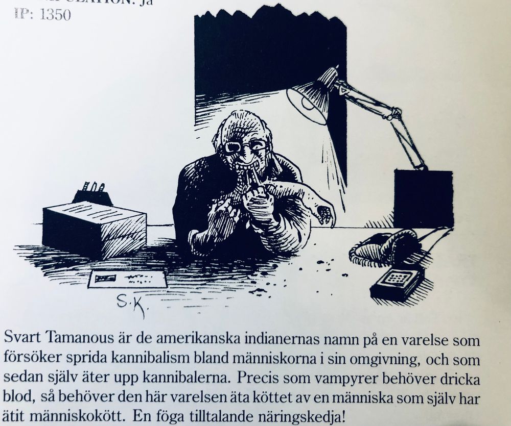En svart tamanous sitter på sitt 1980-talskontor och mumsar på en människoarm. Mums mums!