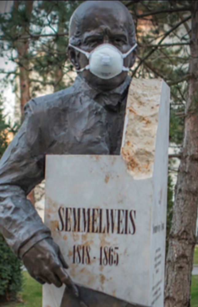 screenshot of a doc on semmelweis showing his statue wearing a respirator