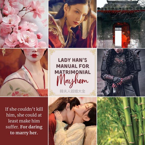 moodboard for "Lady Han's Manual for Matrimonial Mayhem", chinese history-inspired fantasy romance, includes photos of female and male leads, plum blossoms and bamboo