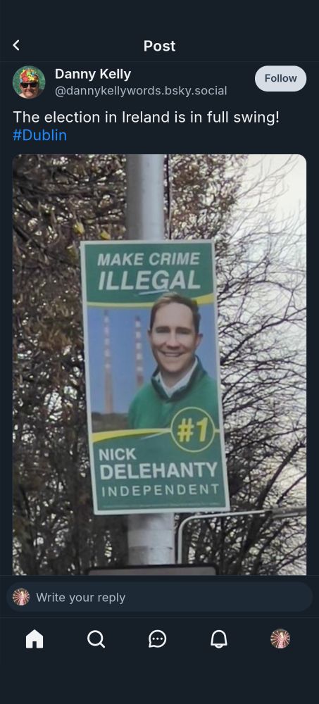 An election ad sign on a lamp post. It features a portrait photo of a smiling white man and the text "MAKE CRIME ILLEGAL" followed by "Nick Delehanty, Independent".