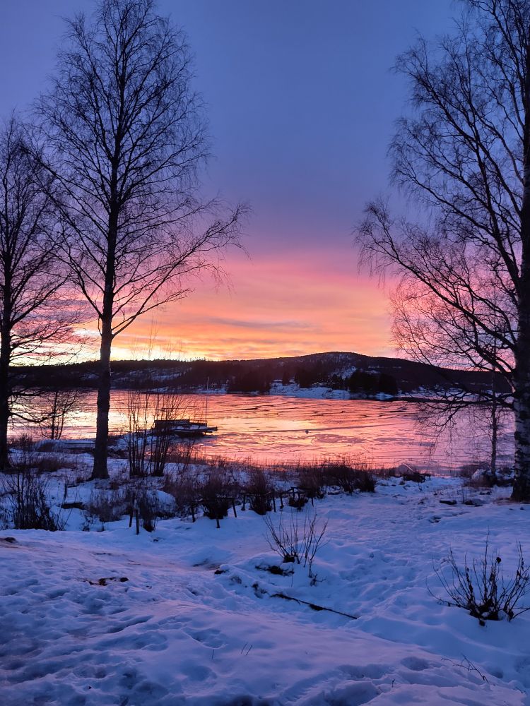 Sunset over a winter landscape. A hill in the background, behind a body of water that reflects peach-coloured light. In the foreground is a garden covered in snow.