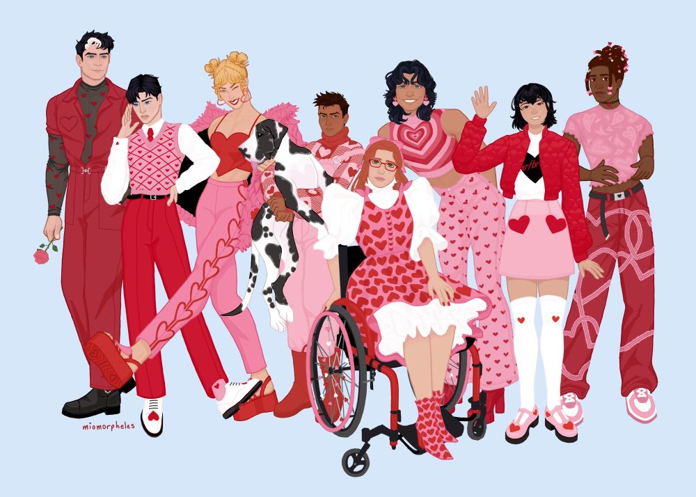 An illustration of eight bat family characters dressed up in different pink and red lovecore outfits on a pale blue background. The characters pictured, from left to right, include: Jason, Tim, Stephanie, Damian (who is carrying a large black and white Great Dane puppy), Barbara, Dick, Cass, and Duke. Tim seems distracted, Damian is grumpy, and everyone else is happy to be here with varying levels of enthusiasm. 