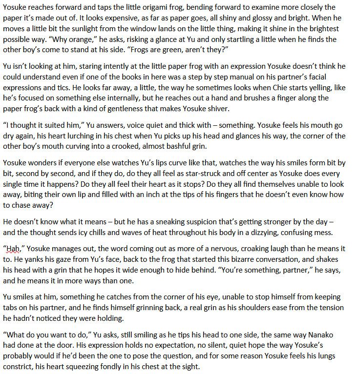 2. favorite fic - souyo p4
i couldn't pick a favorite so i picked one i remembered ryssa liking a lot when i wrote it