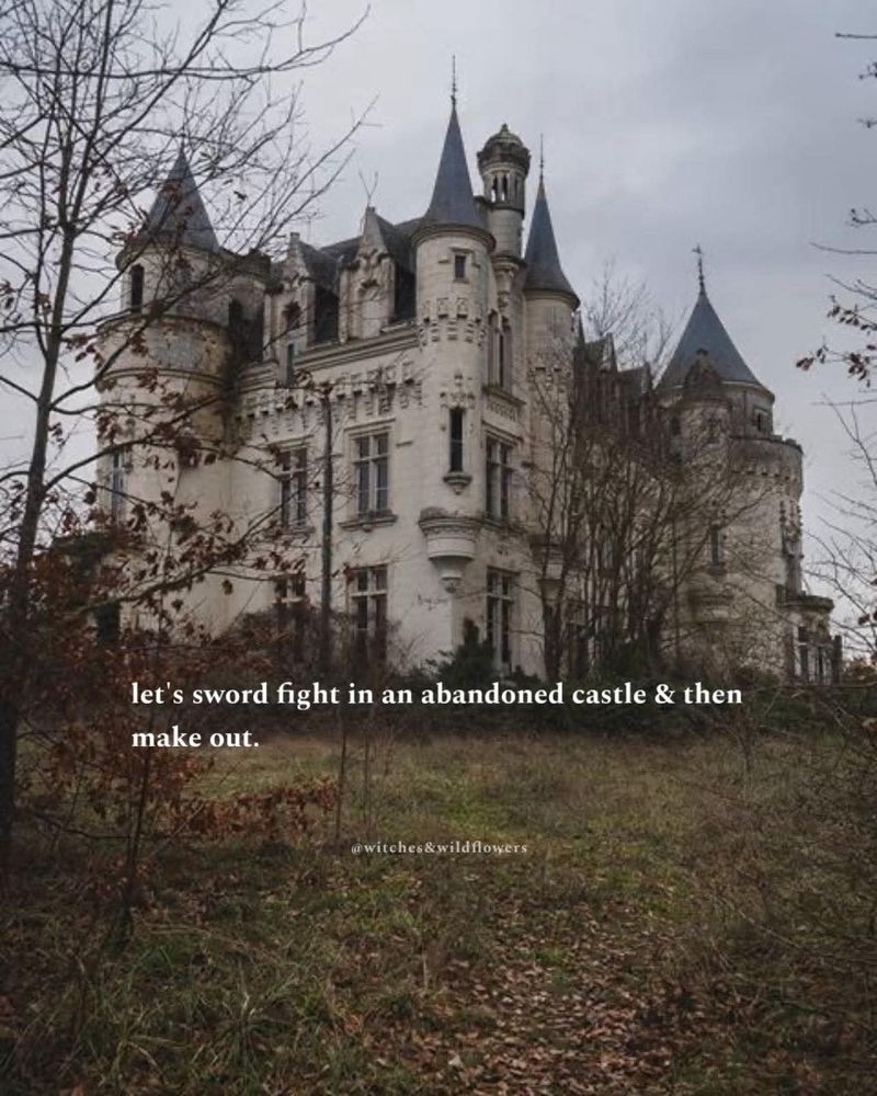An old castle with a dead tree in the foreground, and the words, "Let's sword fight in an abandoned castle and then make out."