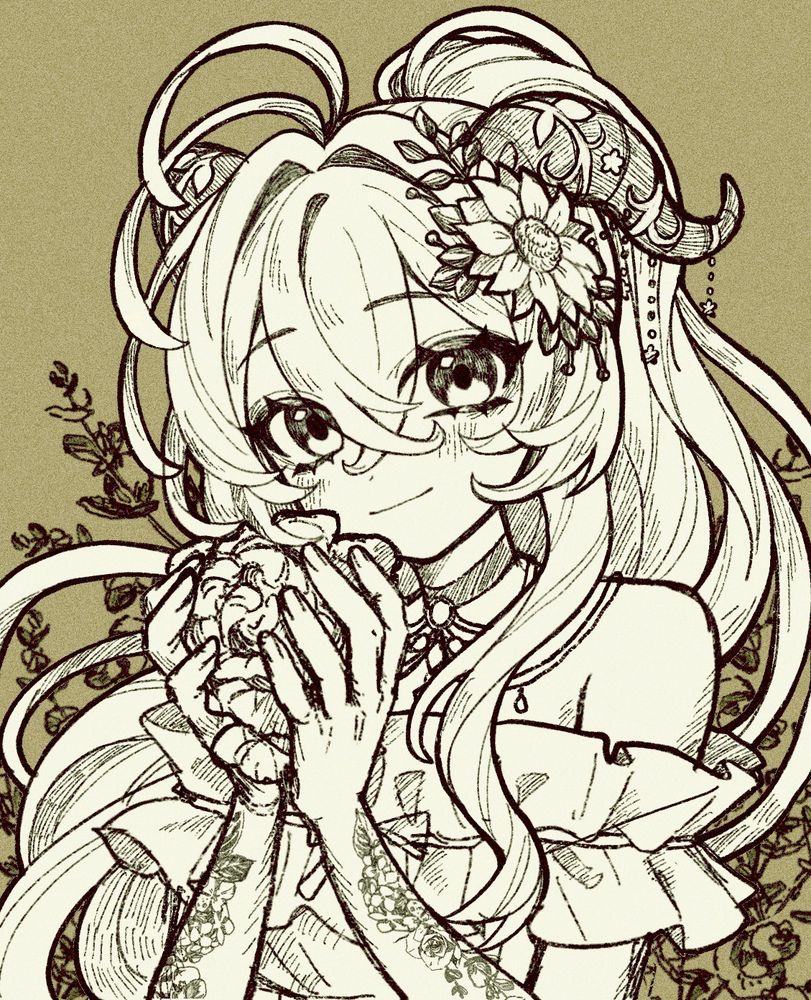 My vtuber holding a bunch of flowers in her hands. She is looking at the camera with a soft smile and has her hair flowing in the wind. The background also contains some flowers. The drawing is not colored and is a sketch