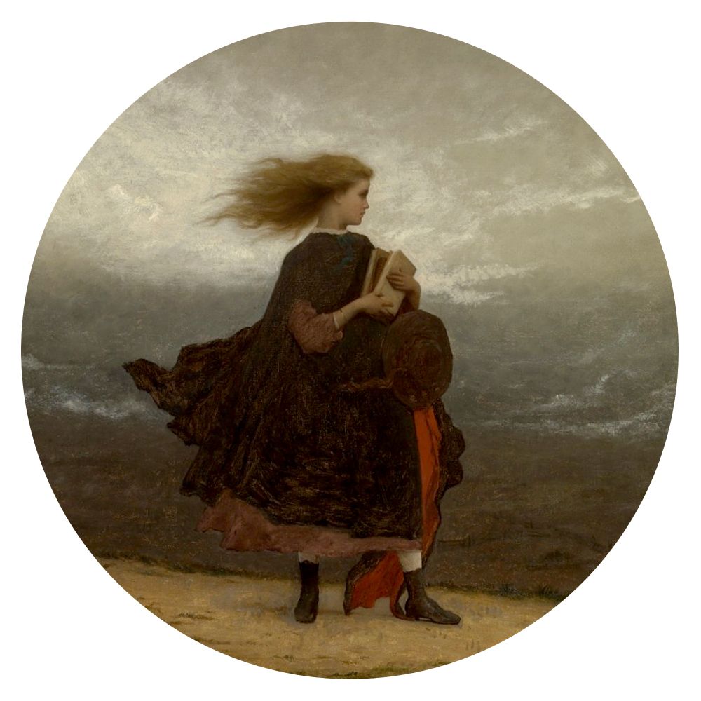 A painting of a girl standing on the sea shore clutching some books with her hair streaming out behind her.

Painting by Eastman Johnson, 1872.