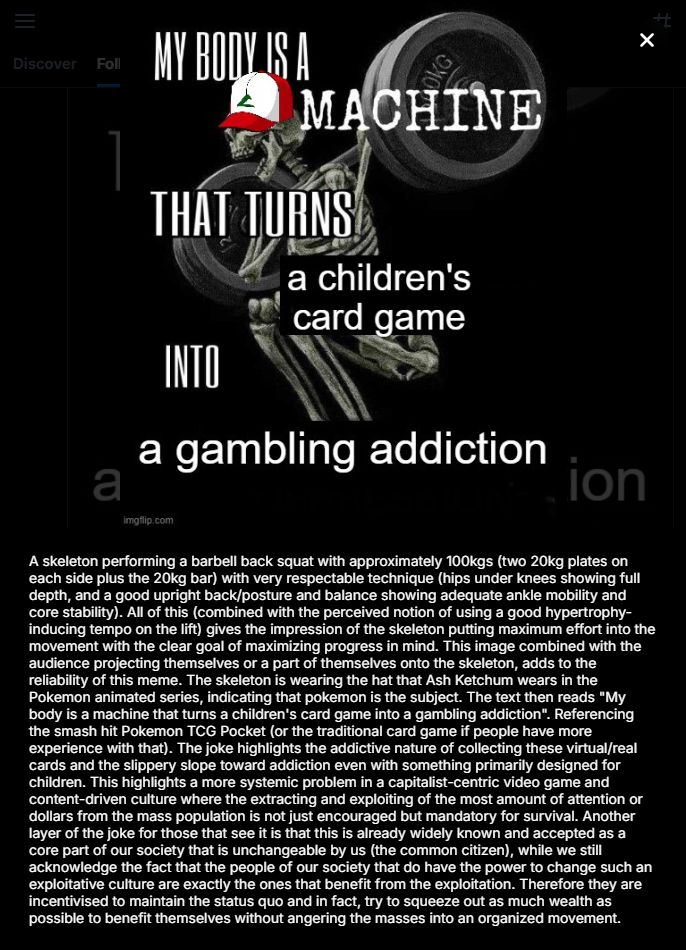 A giant wall of text under a pokemon tcg meme saying "My body is a machine that turns a children's card game into a gambling addiction"—proving that I am a silly man with possibly a silly attention disorder.