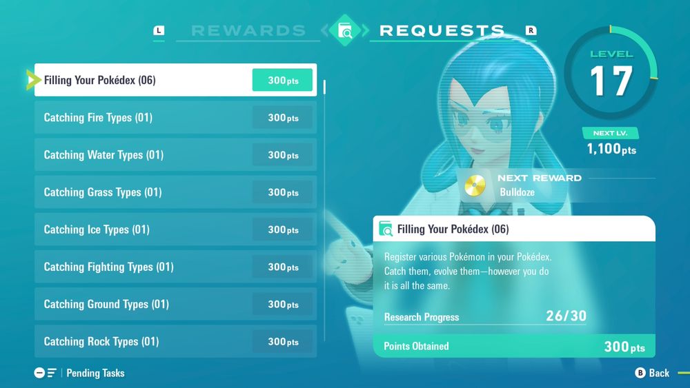 A screenshot from Pokémon Legends Z-A showcasing my progress on Mable's research. I'm currently rank 17 with 1,000 points more to go. Highlighted is the Pokédex filling task showing I have 26 species so far.