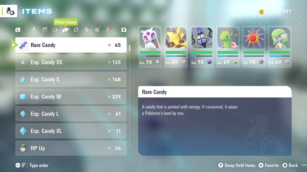 A screenshot of Pokémon Legends Z-A featuring half of my main team, all about level 70 now and more level-up items than I know what to do with.