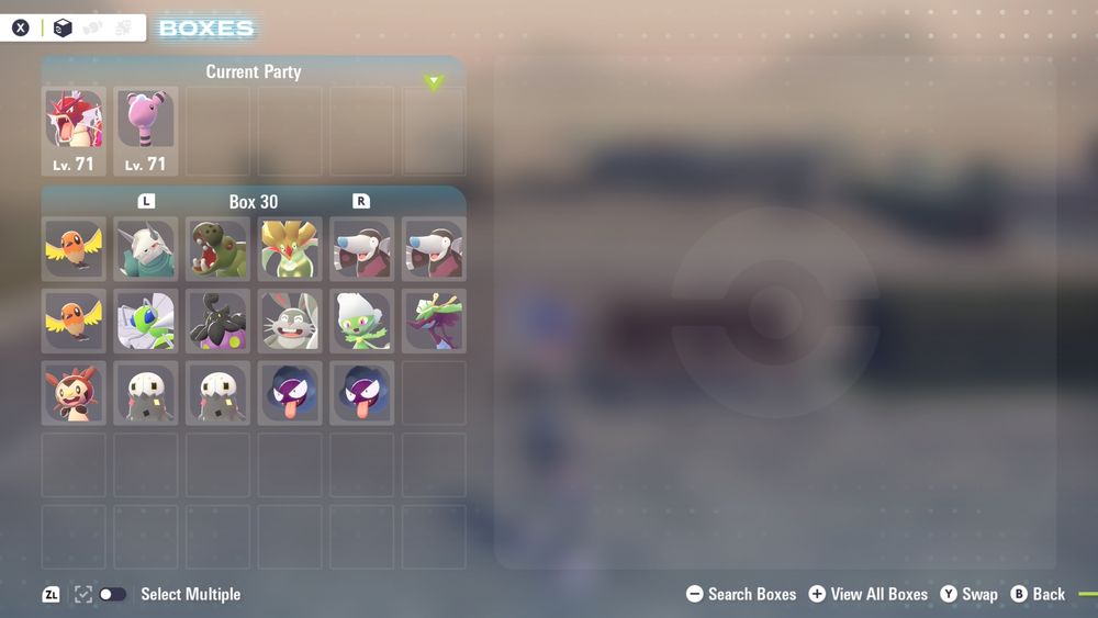 A screenshot of Pokémon Legends: Z-A showing my first box of Shinies.

My party has Gyarados and Ampharos since I used them on my team. 

The box has Fletchling, Aggron, Hippowdon, Malamar, two Drilbur, another Fletchling, Beedrill, Pumpkaboo, Diggersby, Roserade, Dragalge, Chespin, two Spewpa and two Gastly.