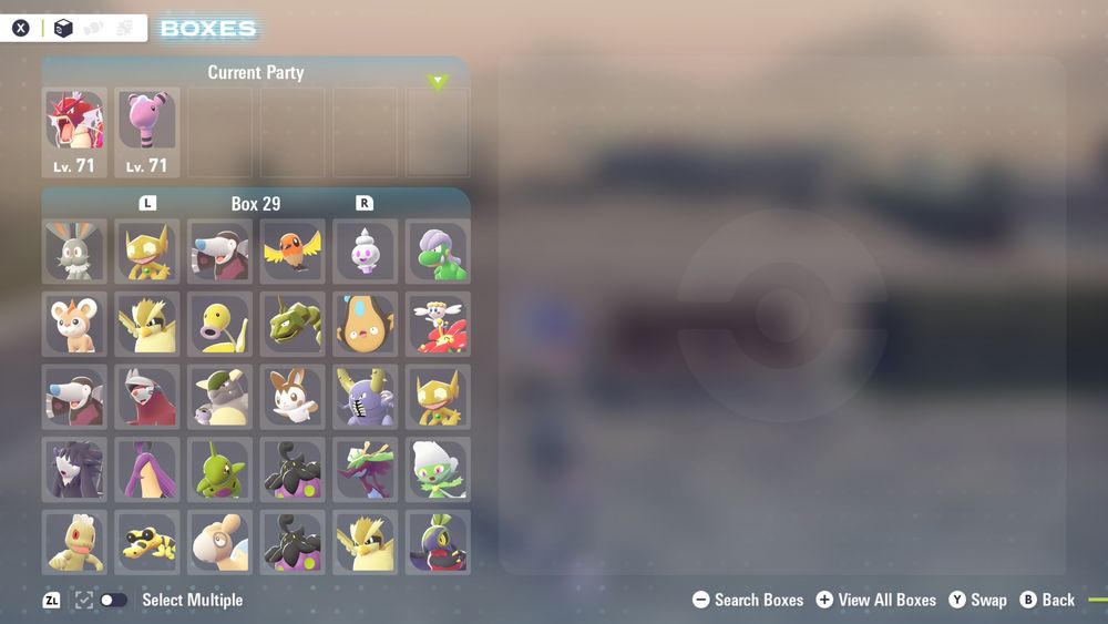 A screenshot of Pokémon Legends: Z-A showing my first box of Shinies.

My party has Gyarados and Ampharos since I used them on my team. 

The box has Bunnelby, Sableye, Drilbur, Fletchling, Vanillite, Bagon, Litleo, Pidgey, Bellsprout, Onix, Stunfisk, Flabébé, another Drilbur, Excadrill, Kangaskhan, Emolga, Pinsir, another Sableye, Furfrou, Gourgeist, Larvitar, Pumpkaboo, Dragalge, Roserade, Machop, Numel, another Pumpkaboo, another Pidgey and Hawlucha.