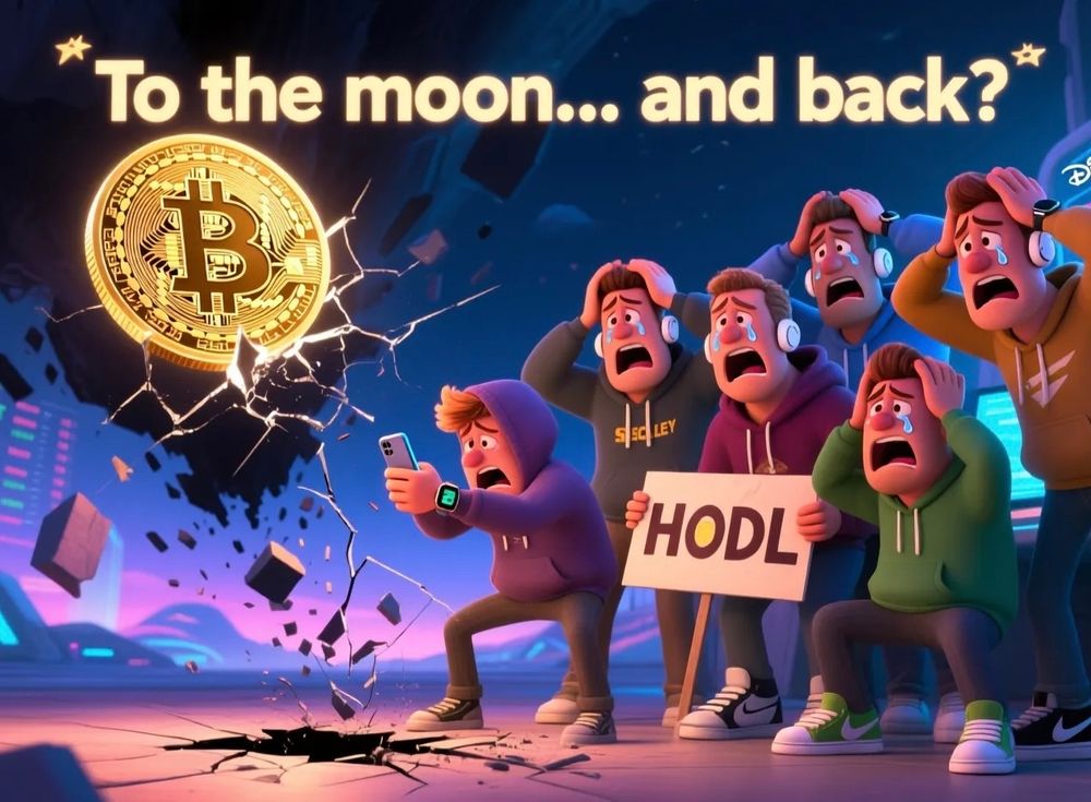 A cartoon of bitcoin bros panicking and crying watching bitcoin scam collapse in real time.