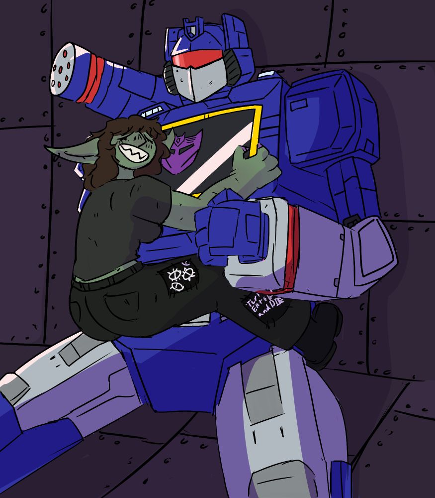 A fem Goblin hugging sound wave a giant blue robot