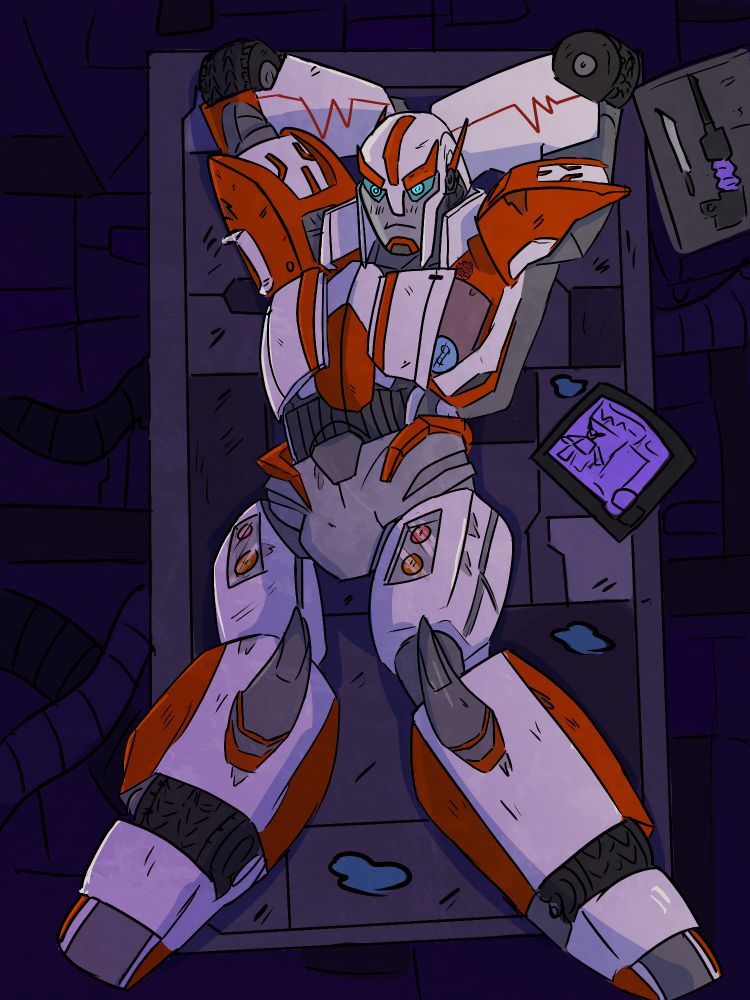 Ratchet from transformers laying on a metal table with his arms behind his head looking up at the viewer