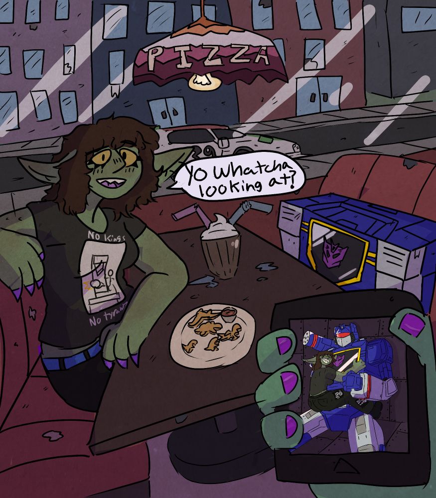 A fem presenting goblin and sound wave in his alt cassette player mode sitting inside a diner with a milkshake and Dino nuggets on the table, there is a car that looks like Wheel jack in the background 